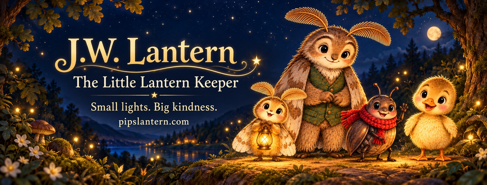 J.W. Lantern banner featuring Pip and friends in a moonlit woodland