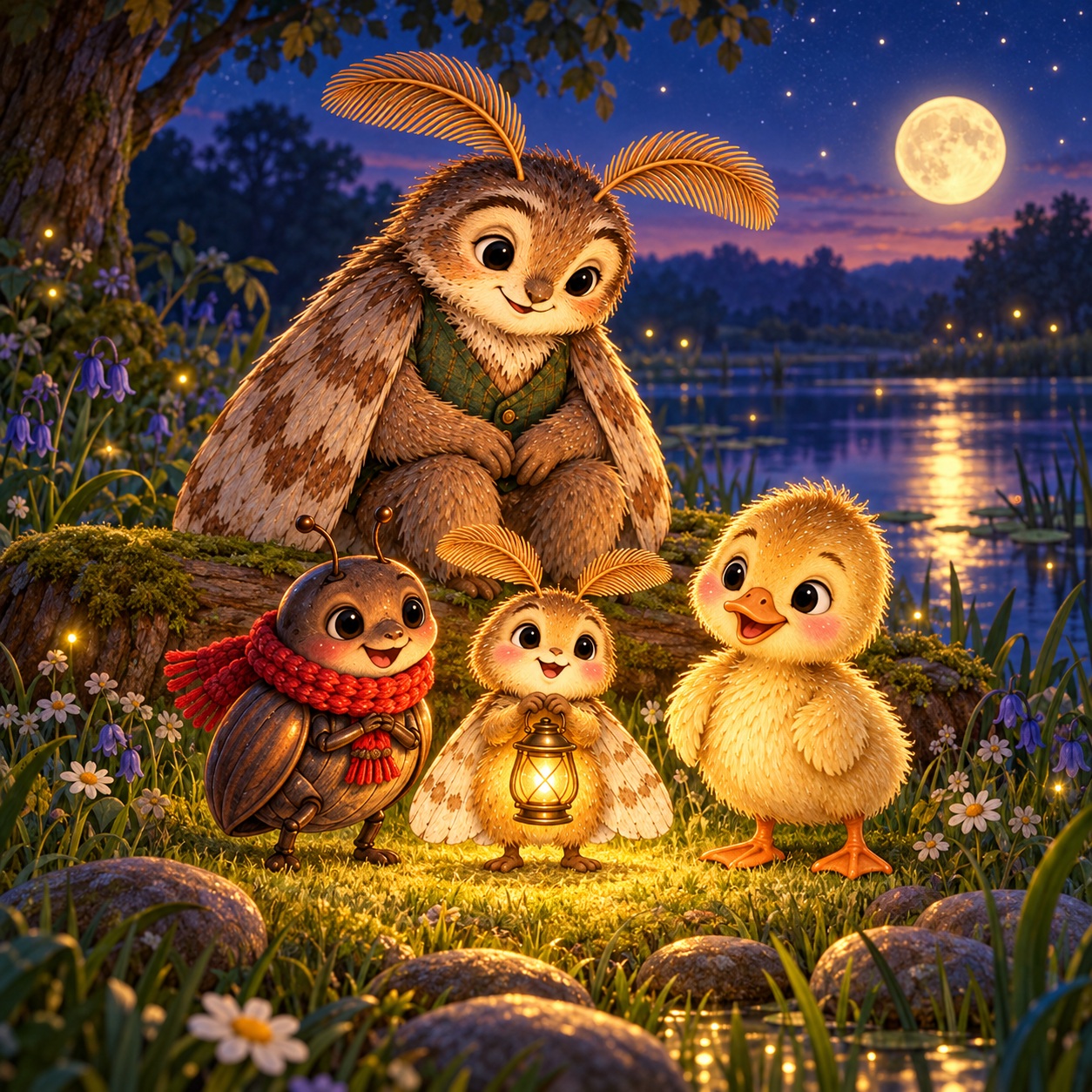 Pip, Grandpa, the beetle and the duckling beside the pond