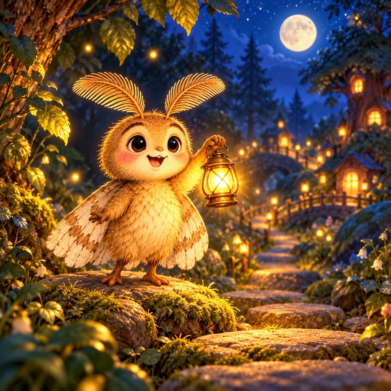 Pip raises her lantern on a woodland path at twilight