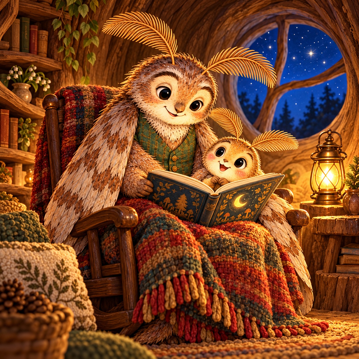 Pip and Grandpa share a book in their cosy tree home